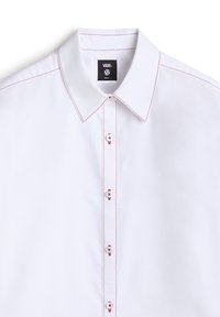 White button-up shirt featuring a classic collar, red stitching, and buttons with star accents down the front. Made of smooth fabric.