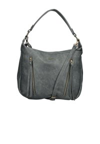 Borsa a mano in pelle grigia con texture, due tasche verticali con zip, manico corto e tracolla lunga regolabile.