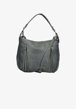 Bolso de piel texturizada gris con dos bolsillos verticales con cremallera, asa corta y correa larga ajustable para el hombro.