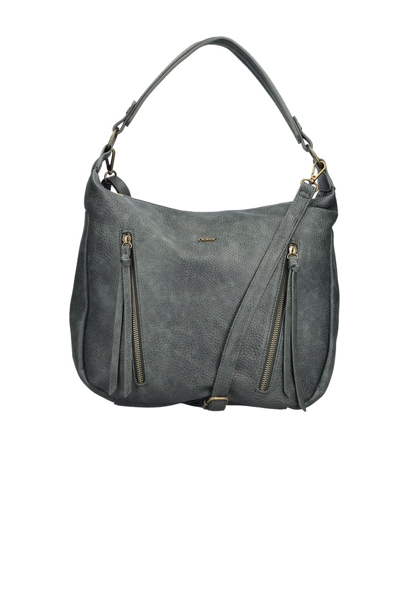 Borsa a mano in pelle grigia con texture, due tasche verticali con zip, manico corto e tracolla lunga regolabile.