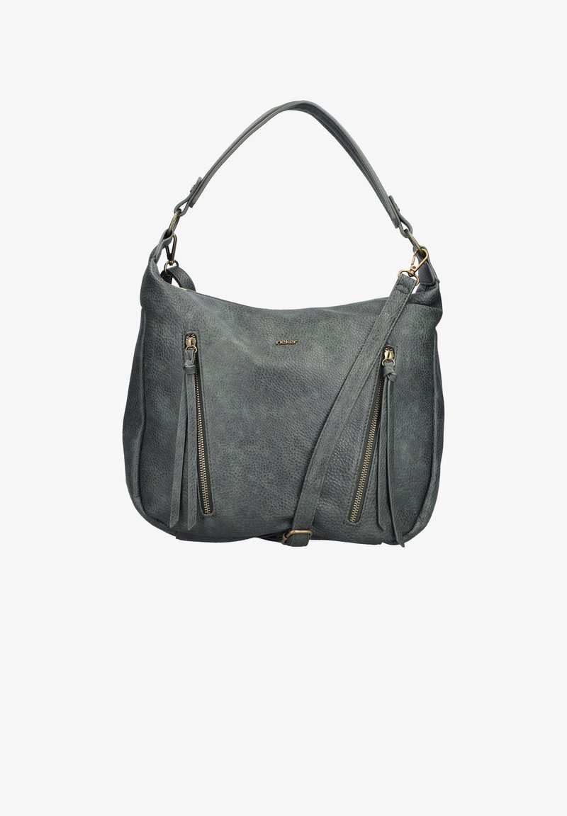 Borsa a mano in pelle grigia con texture, due tasche verticali con zip, manico corto e tracolla lunga regolabile.