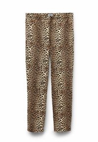 Leggings de estampado de leopardo con un fondo beige y manchas negras y marrones. Tela suave con un diseño ajustado y cinturilla elástica.