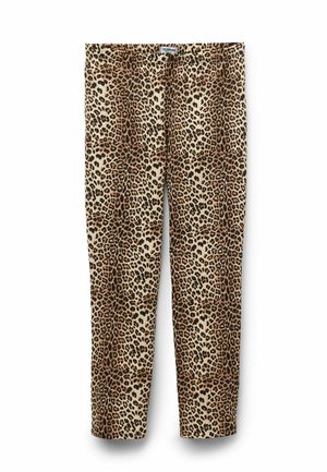 Leggings con stampa leopardata caratterizzati da uno sfondo beige con macchie nere e marroni. Tessuto morbido con design aderente e vita elastica.