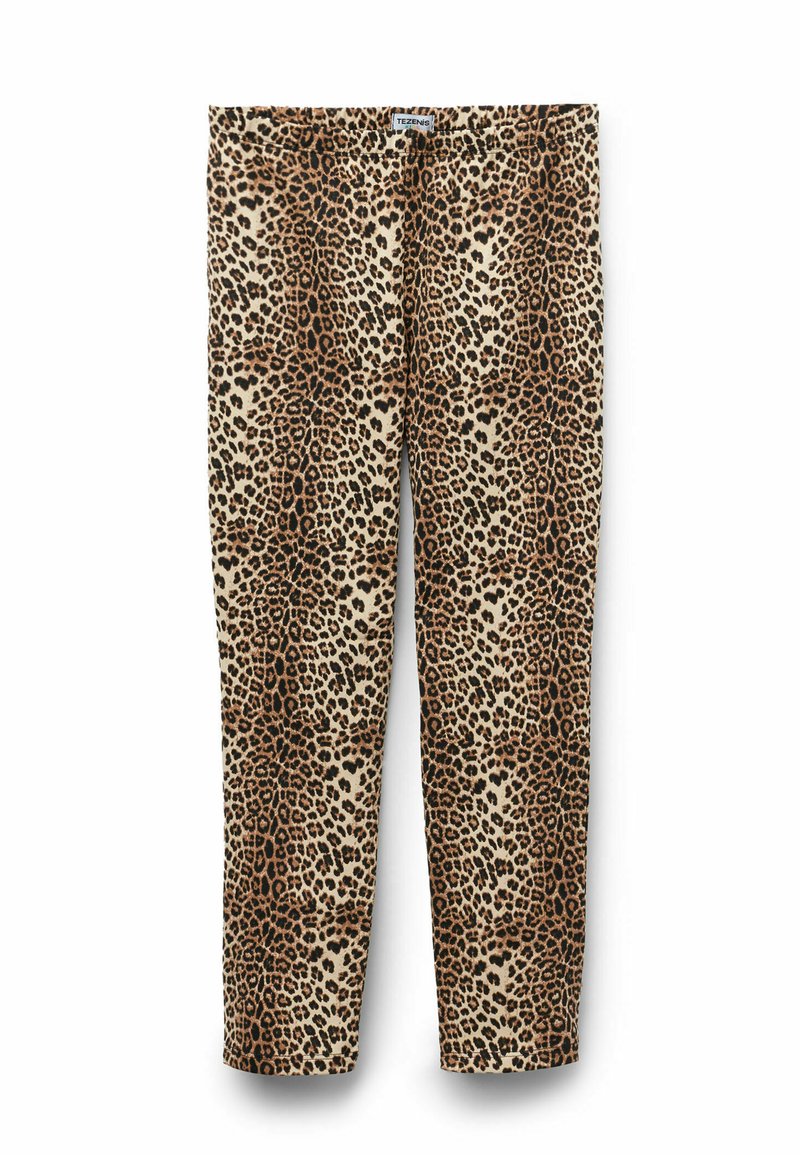 Leggings de estampado de leopardo con un fondo beige y manchas negras y marrones. Tela suave con un diseño ajustado y cinturilla elástica.
