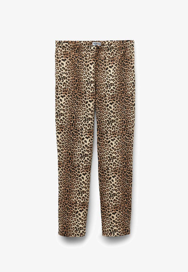 Leggings de estampado de leopardo con un fondo beige y manchas negras y marrones. Tela suave con un diseño ajustado y cinturilla elástica.