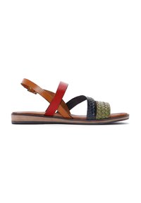 Sandales en cuir avec une bride rouge, une bride de cheville marron et des bandes tissées vertes et bleues à l'avant. Semelle plate avec une finition texturée.