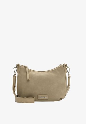 Beige schoudertas met verstelbare riem en ritssluiting, met merklabel "EMILY & NOAH" op het voorste vlak.