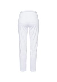 Pantaloni bianchi con un design aderente, caratterizzati da una texture liscia, gambe dritte, tasche posteriori e una finitura semplice in vita.