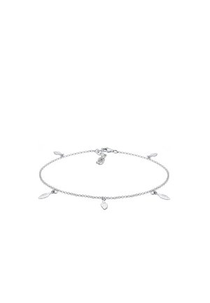 Zilveren enkelband met een delicate ketting en kleine bladvormige bedels. Elk blad heeft een getextureerd oppervlak voor extra detail.