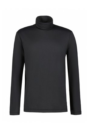 Camiseta negra de manga larga con cuello vuelto y textura suave, mostrada sobre un fondo blanco liso.