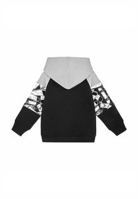 Bluza z kapturem w szarym kolorze kaptura i czarnej części głównej. Długie rękawy ozdobione wzorem z motywami urządzeń do gier. Miękka tkanina, ściągacze przy mankietach.