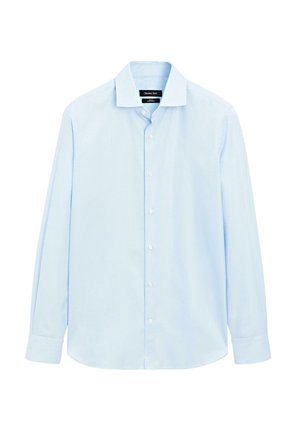 Hellblaues Langarmhemd aus Baumwolle. Verfügt über einen klassischen Kragen, Knopfleiste und gerade Manschetten mit subtiler Textur.