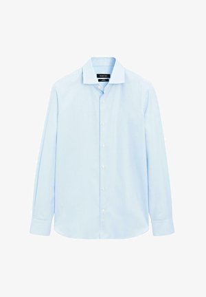 Camicia a maniche lunghe azzurro chiaro in cotone. Presenta un colletto classico, chiusura con bottoni e polsini dritti con una texture sottile.