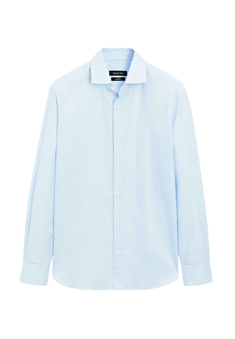 Hellblaues Langarmhemd aus Baumwolle. Verfügt über einen klassischen Kragen, Knopfleiste und gerade Manschetten mit subtiler Textur.