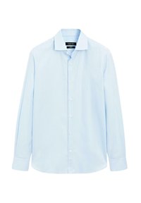 Lichtblauwe langslavende shirt gemaakt van geweven stof, met een klassieke kraag, volledige knoopsluiting en enkelgestikte manchetten.
