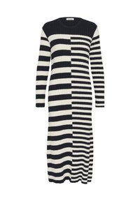 Must-valge triibulise ja gradientmustriga pikk ribidega kleit. Ümar kaelus ja pikad varrukad.