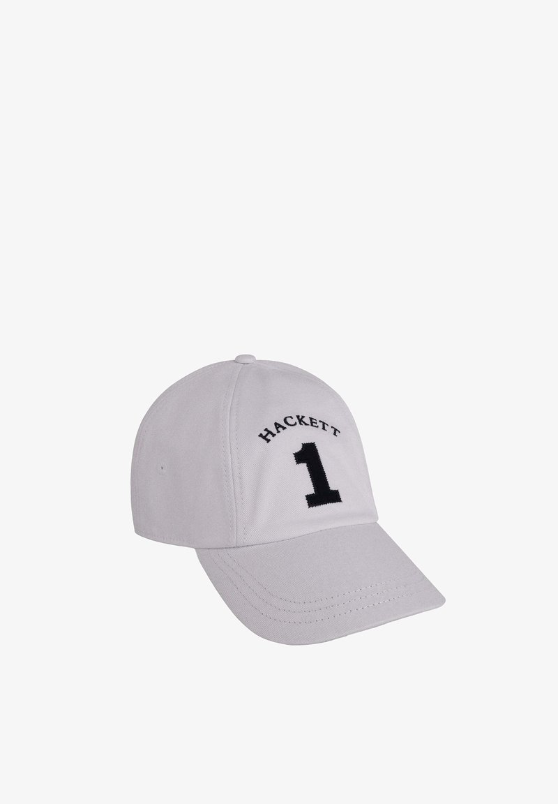 Grå bomull baseballkeps med svart broderad "HACKETT" text och siffran "1" på framsidan; böjd skärm och justerbart baksnitt.