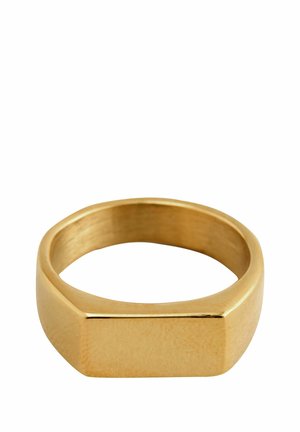 Goldener Ring mit einem geometrischen Design, flachem Oberteil und abgerundetem Band, das eine polierte Oberfläche und eine glatte Textur aufweist.