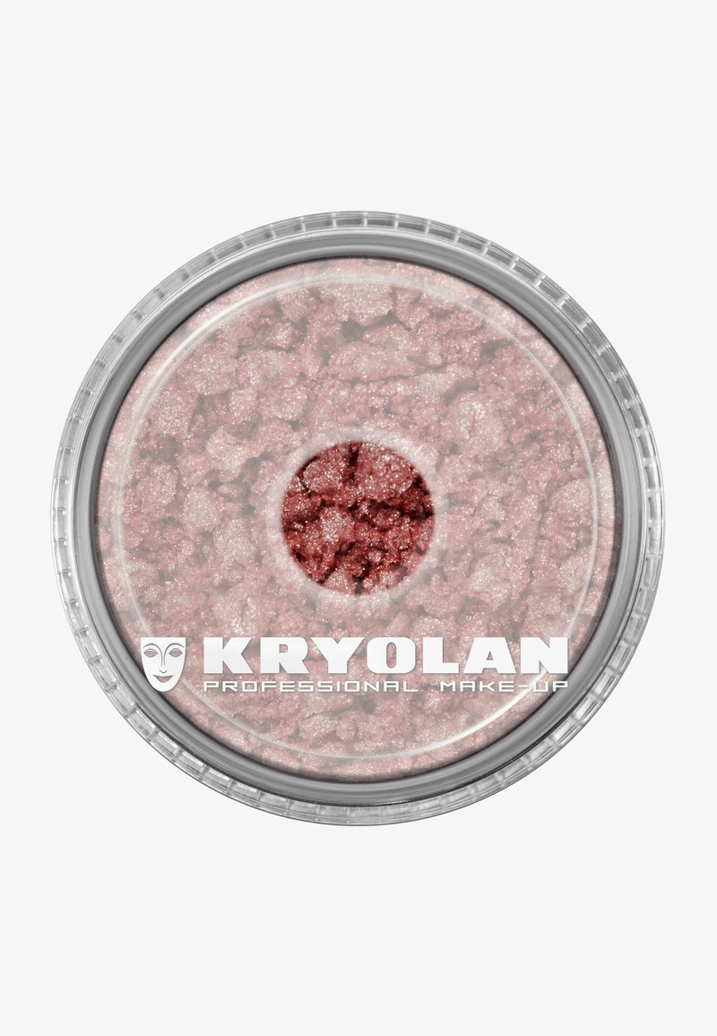 Loose pink shimmery makeup pigment in a round clear container with Kryolan Professional Make-Up branding on the lid.