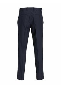 Marineblaue Anzughose, maßgeschneiderte Gestaltung, Mischung aus Wolle und Polyester, zwei Gesäßtaschen, glatte Textur, gerade Passform, minimalistischer Stil.