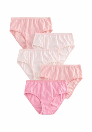 Vijf paar katoenen onderbroeken in tinten lichtroze en wit, met zachte elastische taillebanden en een gladde textuur.
