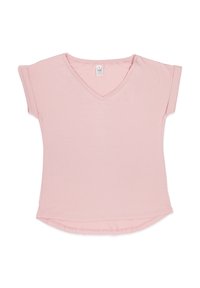 Jasnoróżowa koszulka z krótkim rękawem, z dekoltem w serek i lekko zaokrąglonym dołem. Wykonana z miękkiego, lekkiego materiału. Minimalistyczny design, bez wzorów.