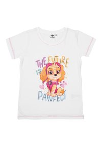 T-shirt bianco per bambini con un cucciolo dei cartoni animati vestito di rosa e il testo "Il futuro è a zampa perfetta" con cuori e impronte di zampa.