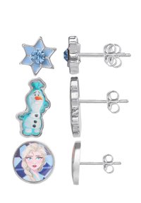 Vier Paare Ohrstecker: ein blauer Stern mit einem Edelstein, ein silbernes Olaf-Design, eine silberne Kreis-Rückseite und ein Porträt von Elsa.