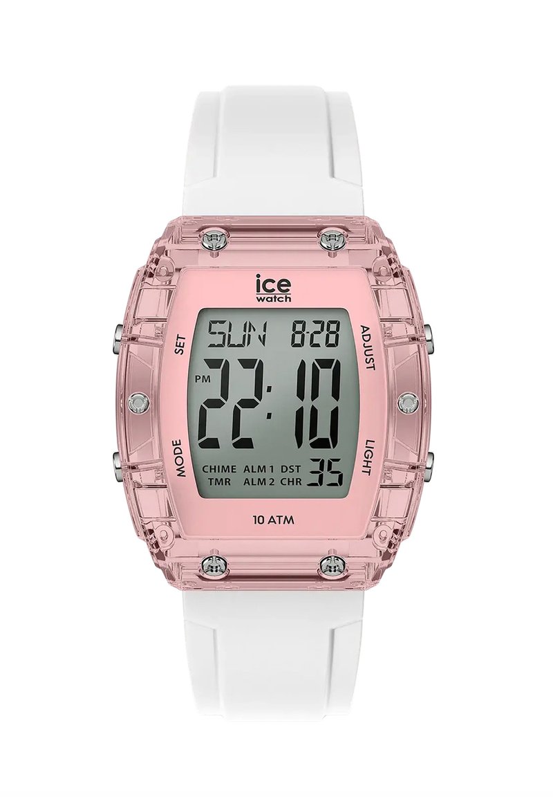 Montre numérique avec un boîtier en résine translucide rose et un bracelet en silicone blanc. Affiche un écran numérique indiquant l'heure, la date et les réglages d'alarme.