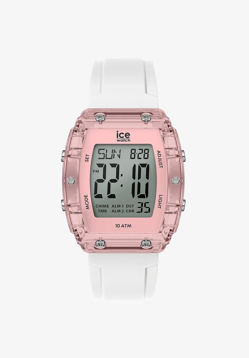 Skaitmeninis laikrodis su skaidriu rožiniu dervos korpusu ir baltu silikono dirželiu. Yra skaitmeninis ekranas, rodantis laiką, datą ir žadintuvo nustatymus.