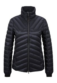 Schwarze Daunenjacke mit hohem Kragen, ausgestattet mit einem Chevron-Steppdesign, Frontreißverschluss und elastischen Bündchen. Glattes, leichtes Material.