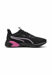 Pantofi sport negri cu un material din plasă, având accente roz și o talpă texturată. Design aerodinamic cu un toc căptușit pentru susținere.