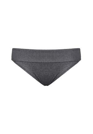 Dark gray shimmer bikini bottom with a wide waistband, designed for swimwear.