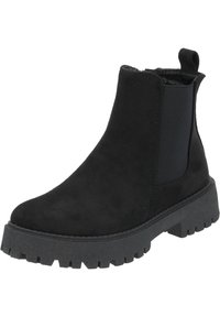 Botas Chelsea de ante negro con paneles laterales elásticos, una lengüeta y una suela de goma texturizada con un patrón estriado.