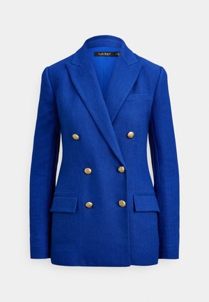 Blauer Doppelreiherblazer mit Fischgrätmuster, goldfarbenen Knöpfen, zwei Fronttaschen, aufgeschlagenen Revers und glattem Innenfutter.