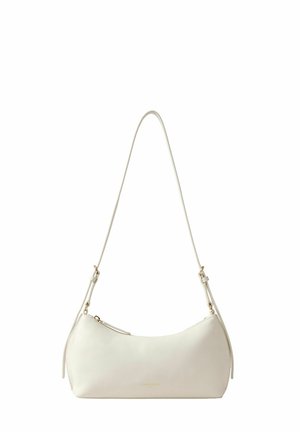 Petit sac à épaule en cuir blanc avec quincaillerie dorée et bandoulière réglable, forme rectangulaire arrondie, fermeture éclair sur le dessus.