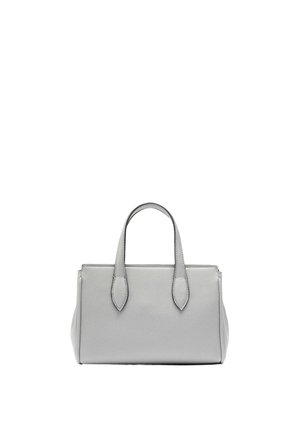 Szara skórzana torebka na dwóch krótkich uchwytach, o zwartej prostokątnej formie i delikatnej fakturze, na białym tle.