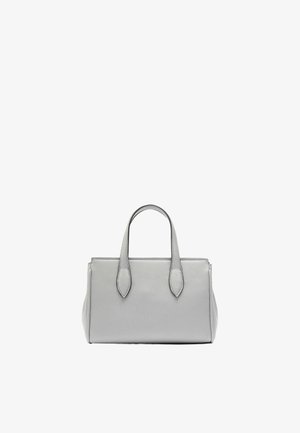 Szara skórzana torebka na dwóch krótkich uchwytach, o zwartej prostokątnej formie i delikatnej fakturze, na białym tle.