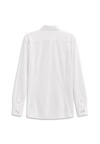 Weißes Langarmhemd mit Button-Down-Kragen, Rückenteil und Manschetten mit Knopfverschluss. Hergestellt aus glattem Stoff mit einheitlicher Textur.