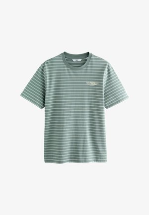 Grün gestreiftes Kurzarm-T-Shirt aus weicher Baumwolle. Verfügt über einen runden Halsausschnitt und ein kleines Logo auf der linken Brustseite.