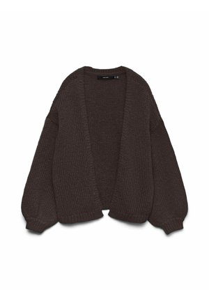 Cárdigan de punto marrón oscuro con un ajuste holgado, apertura frontal y mangas abullonadas. Tejido texturizado con puños y dobladillo acanalados.