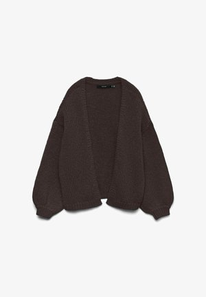 Tamsiai rudas megztas kardiganas su laisvu kirpimu, atvira priekine dalimi ir pūsto silueto rankovėmis. Medžiaga su tekstūra, sijono kraštai ir rankogaliai su ribomis.
