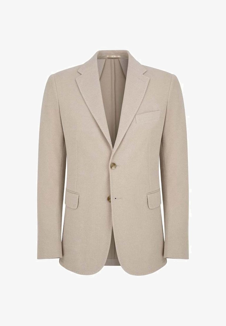 Beżowa marynarka z teksturowanej tkaniny, o fasonie jednorzędowym, z klapami, dwiema przednimi kieszeniami i kieszenią na piersi.