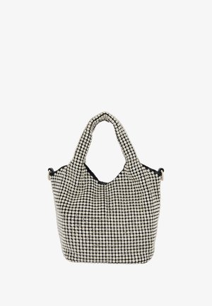 Fekete és ezüst gyöngyökkel díszített kézitáska két ívelt fogantyúval, texturált gyémántmintázattal és puha, laza formával. Fém kiegészítőkkel rendelkezik.