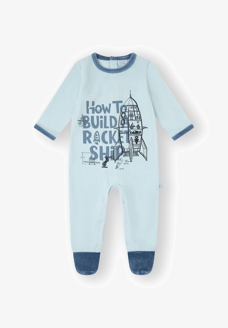 Peto de tela suave color azul claro con mangas largas, puños azul marino y un gráfico de un cohete con el texto: "Cómo construir un cohete."