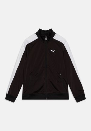Jacket sportivo nero con pannelli bianchi sulle spalle, colletto alto, chiusura con zip e polsini a coste, realizzato in tessuto liscio. Presenta il logo PUMA.