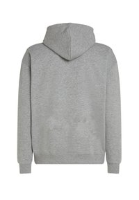 Grijze hoodie met een zachte textuur, aansluitende boorden en een kangoeroezak. De achterkant toont een eenvoudig ontwerp zonder extra details.