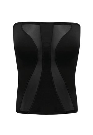 Top nero senza spalline con pannelli trasparenti sui lati e un design strutturato. Texture liscia con una forma aderente, senza chiusure visibili.