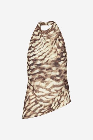 Asimetrični top z vrvico v lahkem materialu z vzorcem vrtinca v odtenkih kremne in rjave barve, z zasukanim izrezom in obliko z gubami.