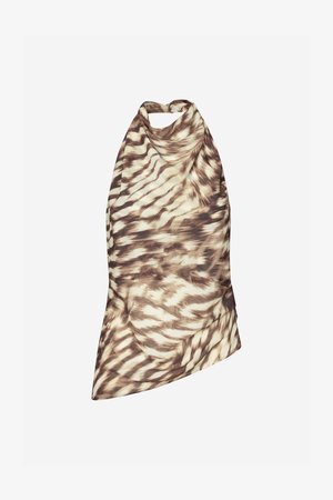 Asimetrisks haltera tops no vieglas auduma ar viļņotu rakstu krēmkrāsas un brūnās nokrāsās, ar savītu kakla izgriezumu un drapētu dizainu.